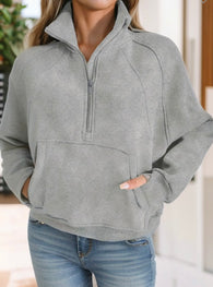 Gray Half Zipper, Collared Sweater w/Pocket Pouch and Thumbhole