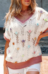 Wild Flower Embroidered Knit Short Sleeve Ivory Sweater Top
