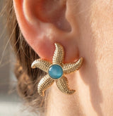 Gold Starfish & Aqua Stone Post Earrings