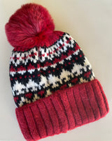Red, White & Black Knit Cuff Beanie w/Pom Pom