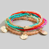 Pink & Teal Seed Bead Bracelets w/Gold Feather Charm Set