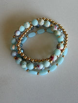 Aqua Blue & Gold Set of 4 Stretch Beaded Bracelets