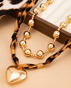 Gold Beaded & Leopard Scarf 2 Piece Heart Charm Necklace