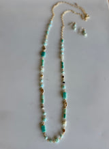 Teal & Gold Glass & Stone Beads Long Necklace and Earring Set