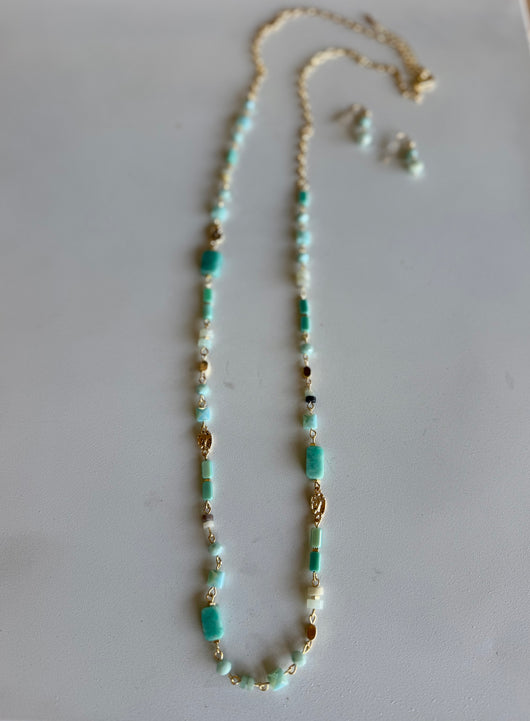 Teal & Gold Glass & Stone Beads Long Necklace and Earring Set