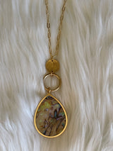 Gold & Abalone Teardrop Pendant Long Chain Necklace
