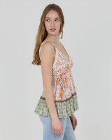 Cream & Pink Flower Print V-Neckline Tank w/Lace Trim and Side Ties