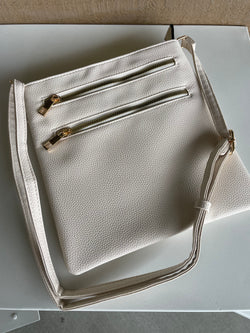 Cream Crossbody Purse w/Outer Zipper Pockets & Stripe Lining