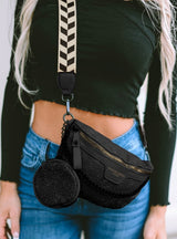 London Black Shoulder Bag & Coin Purse w/Tan & Black Guitar Strap and Chain