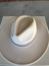 Ivory Flat Brim Fedora Hat w/Olive Green Chevron Band & Adjustable Fit