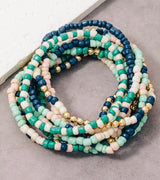 Blue, Green & Gold Set of 10 Stretch Beaded Bracelets