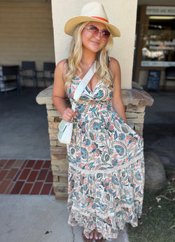 Kylie Ivory Paisley Print V-Neck Tank Maxi Dress by Angie