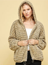 Teddy Soft Olive Tone Stripe Hoodie Zip Up Jacket w/Pockets