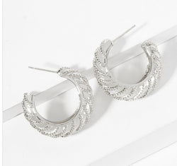 White Gold Dipped Sterling Silver Post Textured Open Hoop Earrings