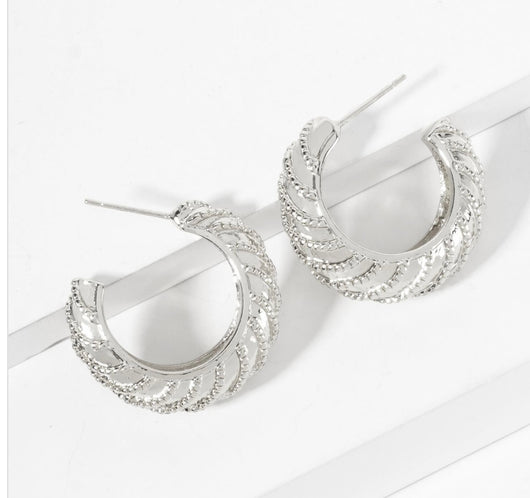 White Gold Dipped Sterling Silver Post Textured Open Hoop Earrings