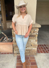Vanilla Layered Flowy Top with Cuff Sleeve