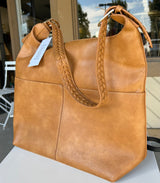 Tan Large Purse w/Braided Strap, Outer Pockets & Zipper Closure - PETA Approved Vegan