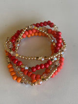 Red, Orange & Gold Set of 5 Stretch Beaded Bracelets