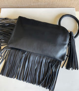 Black Clutch Bag w/Braided Bracelet Wristlet, Tassel & Fringe