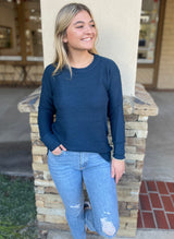 Teal Boyfriend Fit Sweater w/Waffle Texture and Ribbed Cuff