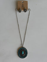 Antique Silver & Turquoise Concho Pendant Necklace and Earring Set