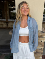 Light Denim Blue Sheer Long Sleeve Button Down Top