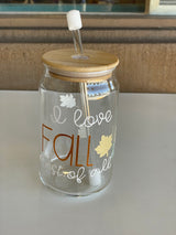 I Love Fall Most of All Glass Cup with Lid & Glass Straw
