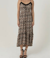 Boots & All Black & Tan Tank Midi Dress w/Black Lace Trim, Smocking and Adjustable Straps