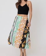 Bali Multi Color and Print Pleated Midi Skirt w/Elastic & Side Zipper