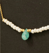 Dainty Gold, Pearl Beads & Teal Teardrop Stone Necklace