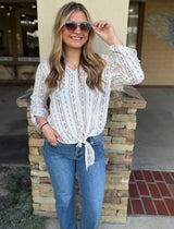 Boho Print Brown & Coral Front Knot Top with 3/4 Roll Tab Sleeve