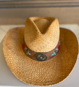 Natural Raffia Cowgirl Hat w/Red & Teal Embroidery Band by CC Brand - Size S/M