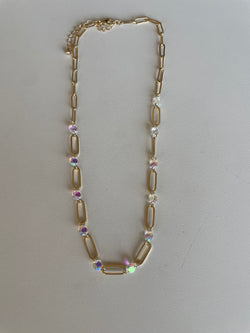 Gold Chain Link & Aurora Borealis Stone Necklace