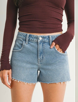 Light Denim Mid Rise Comfort Stretch Cut Off Shorts by Just USA