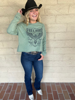 Free Bird World Tour 1977 Vintage Olive Green Long Sleeve Mineral Washed Graphic Tee