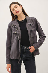 Charcoal Utility Crop Safari Jacket W/Zip Closure & Buttons and Drawstring Bottom