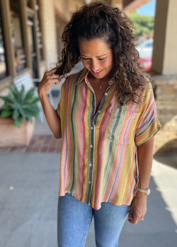 Multi-Color Stripe Button Down Short Sleeve Top