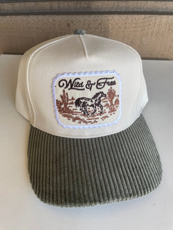 Olive Corduroy Brim and Cream Wild & Free Patch Trucker Hat w/Adjustable Snap Fit
