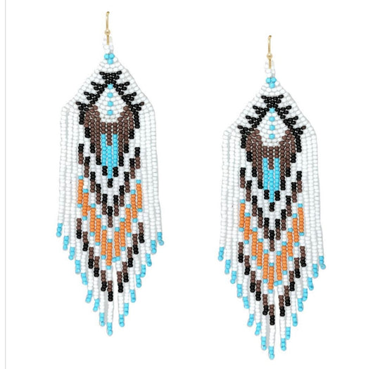 Bohemian Tassel White, Turquoise & Orange Seed Bead Earrings