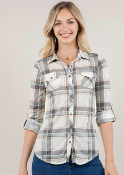 Cowboy Graphic Ivory & Sage Plaid Soft Flannel Top