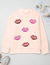 Sequins Kiss Lips Pink Mock Neck Valentines Sweater Top