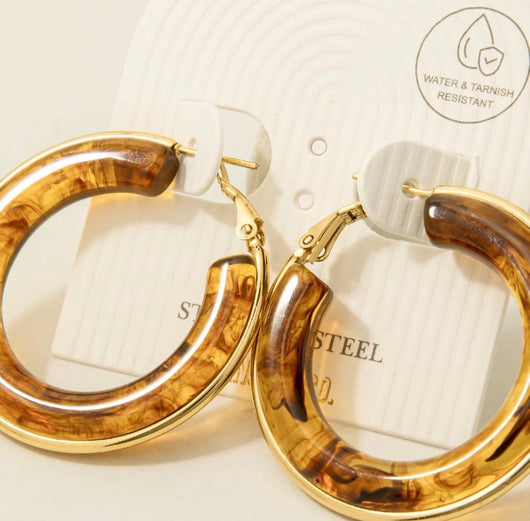 Brown Resin & Gold Hoop Earrings
