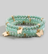 Teal Glass Beads w/Gold Butterfly Charm Set of 3 Stretch Bracelets