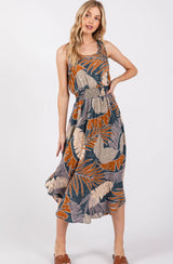 Slate & Rust Leaf Print Tank Midi Dress w/Smocked Waist, Back Tie & Pockets