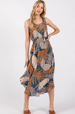 Slate & Rust Leaf Print Tank Midi Dress w/Smocked Waist, Back Tie & Pockets