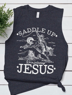 Saddle Up We’re Following Jesus Dark Grey Graphic Muscle Tank