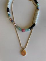 Black & Colorful Beads Layered Gold Coin Chain Necklace