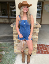 Kelsea Denim Button Down Shorts Romper w/Overall Adjustable Straps
