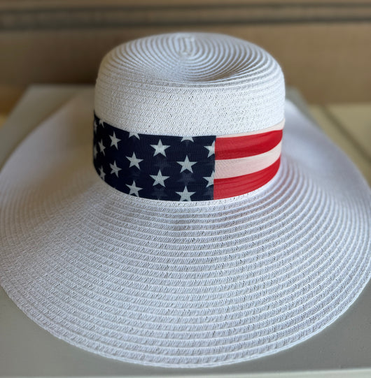 White Straw CC Brand Sunhat Visor w/Stars & Stripes Bow Band
