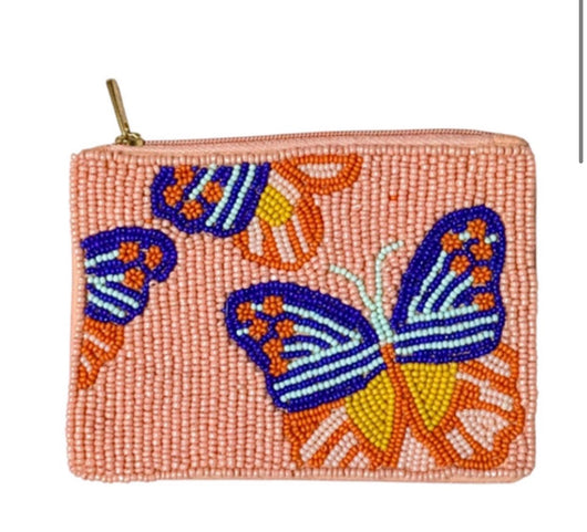 Pink Seed Beaded Multi Butterfly Zipper Pouch